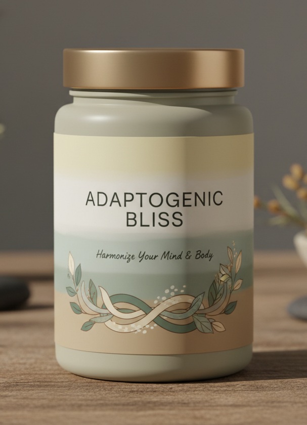 Adaptogenic Bliss bottle on a clean table